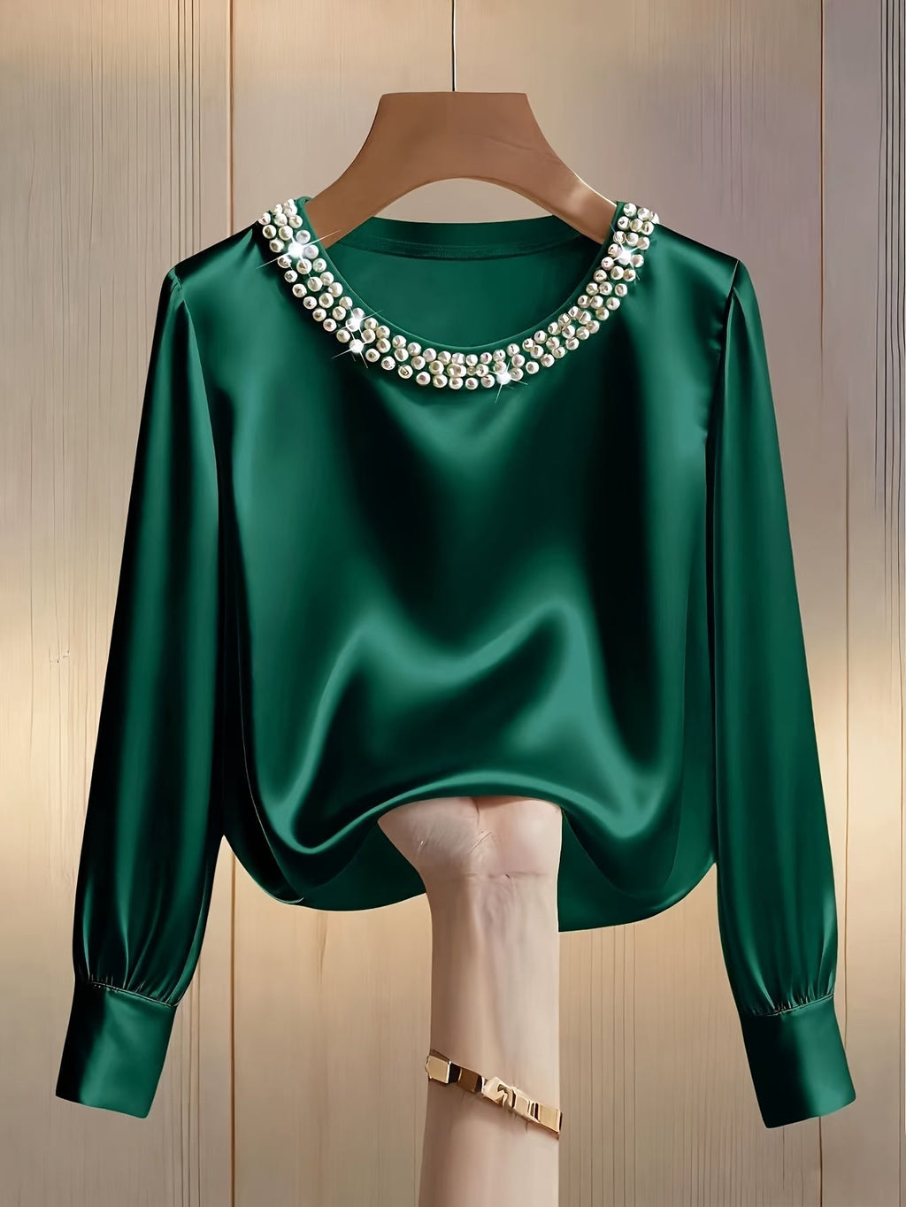 Elegant Embellished Satin Bishop Sleeve Blouse For Women With Pearl And Crystal Trim Details