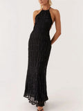 Women's Halter Neck Maxi Dress With Tiered Pleats And Lace Trim Detail, Open Back Evening Silhouette