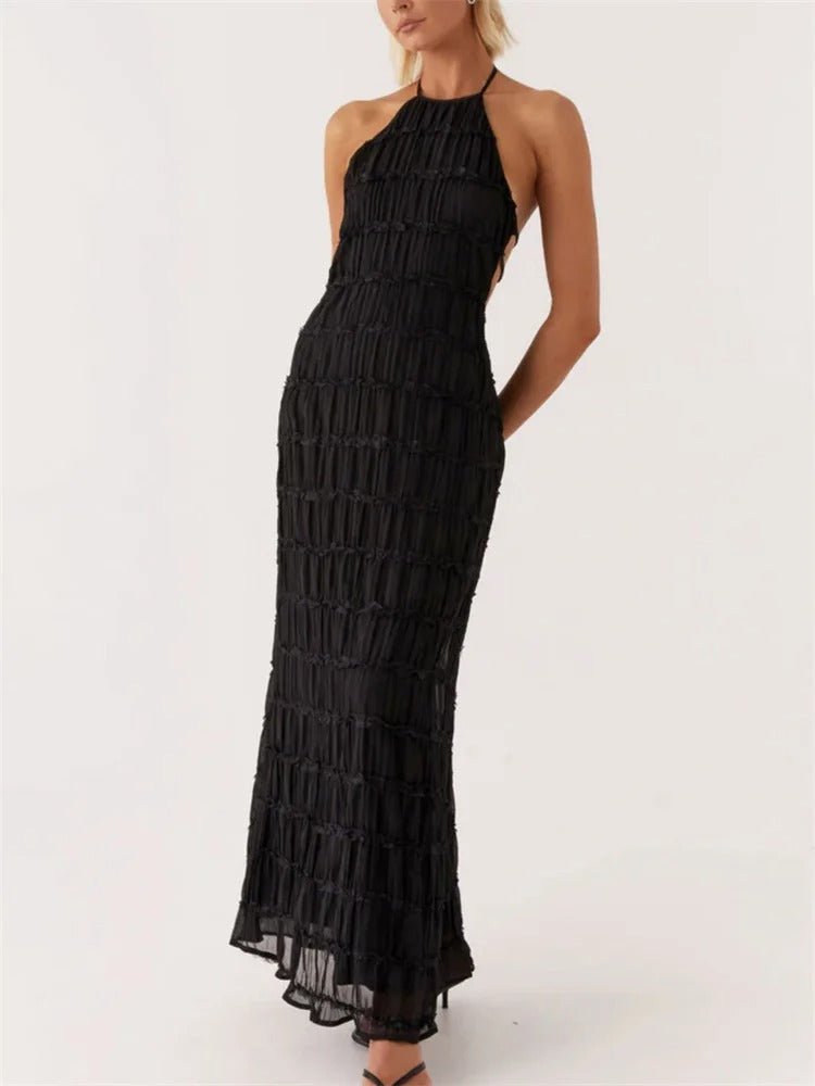 Women's Halter Neck Maxi Dress With Tiered Pleats And Lace Trim Detail, Open Back Evening Silhouette