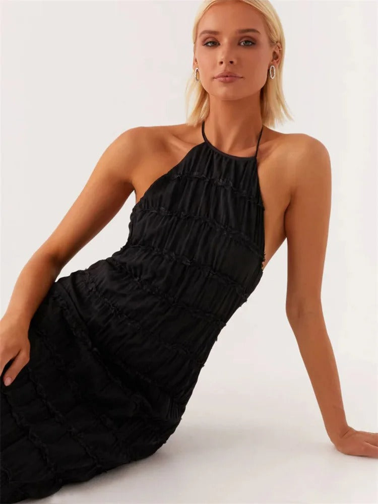 Women's Halter Neck Maxi Dress With Tiered Pleats And Lace Trim Detail, Open Back Evening Silhouette