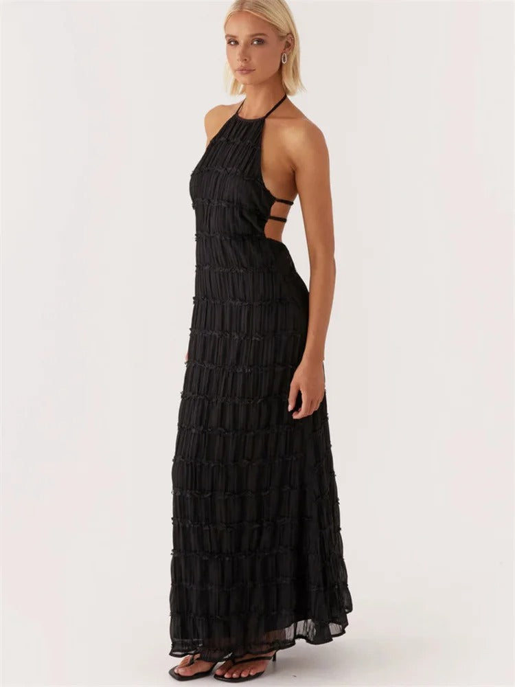 Women's Halter Neck Maxi Dress With Tiered Pleats And Lace Trim Detail, Open Back Evening Silhouette