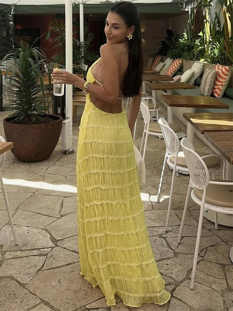 Women's Halter Neck Maxi Dress With Tiered Pleats And Lace Trim Detail, Open Back Evening Silhouette