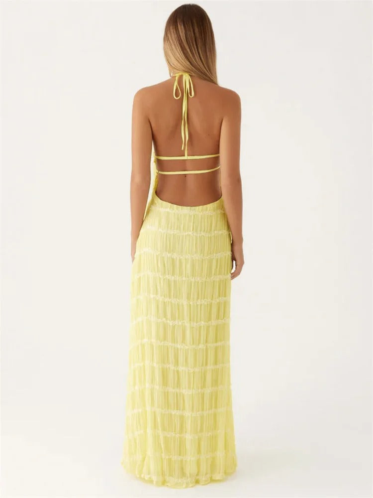 Women's Halter Neck Maxi Dress With Tiered Pleats And Lace Trim Detail, Open Back Evening Silhouette