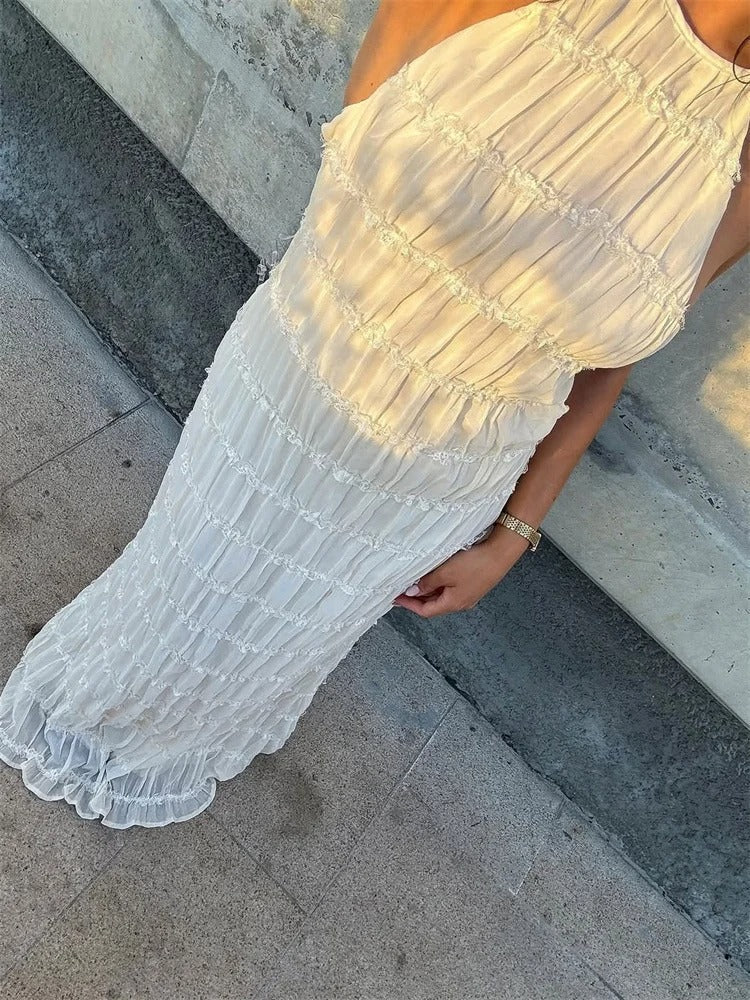 Women's Halter Neck Maxi Dress With Tiered Pleats And Lace Trim Detail, Open Back Evening Silhouette