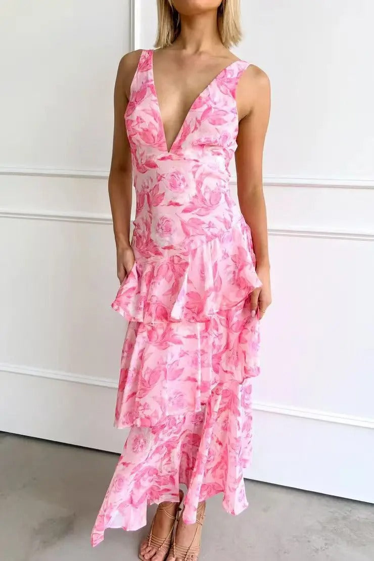 Layered Sleeveless Maxi Dress For Women With V Neck And Open Back Straps Layered Design