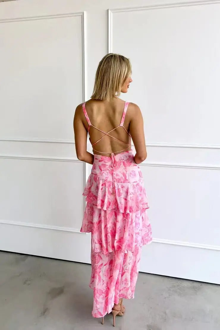 Layered Sleeveless Maxi Dress For Women With V Neck And Open Back Straps Layered Design
