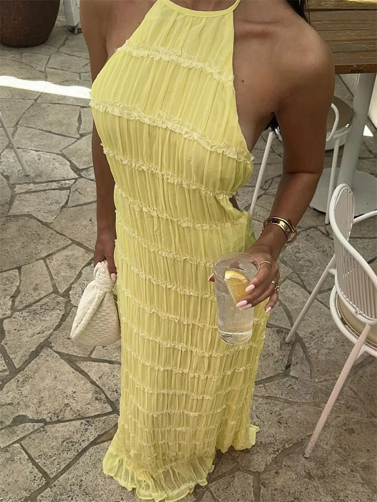 Women's Halter Neck Maxi Dress With Tiered Pleats And Lace Trim Detail, Open Back Evening Silhouette