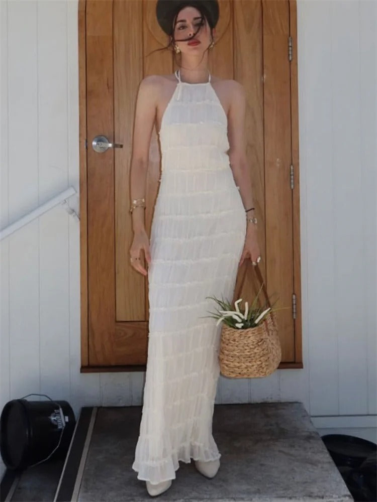 Women's Halter Neck Maxi Dress With Tiered Pleats And Lace Trim Detail, Open Back Evening Silhouette