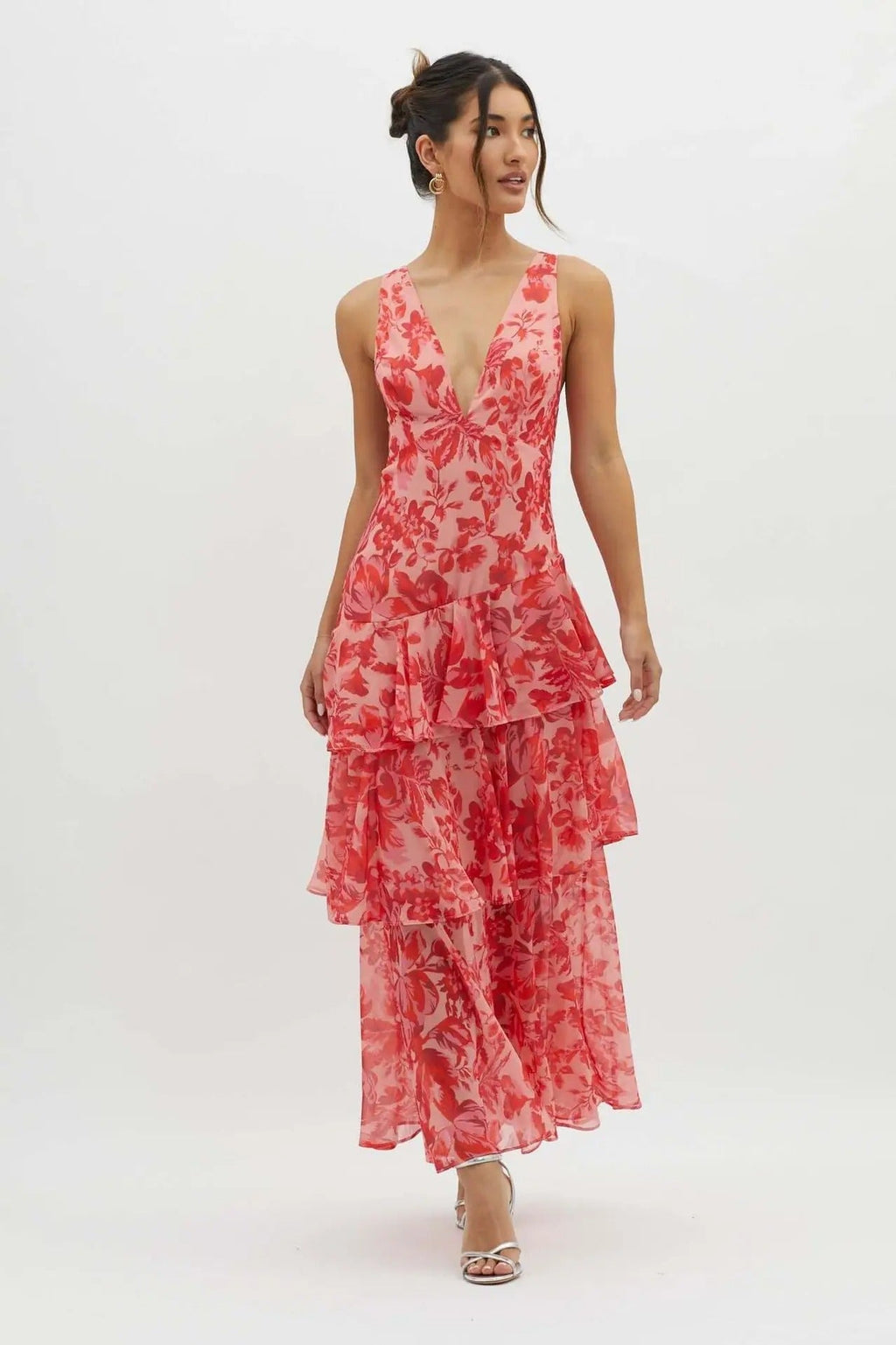 Layered Sleeveless Maxi Dress For Women With V Neck And Open Back Straps Layered Design