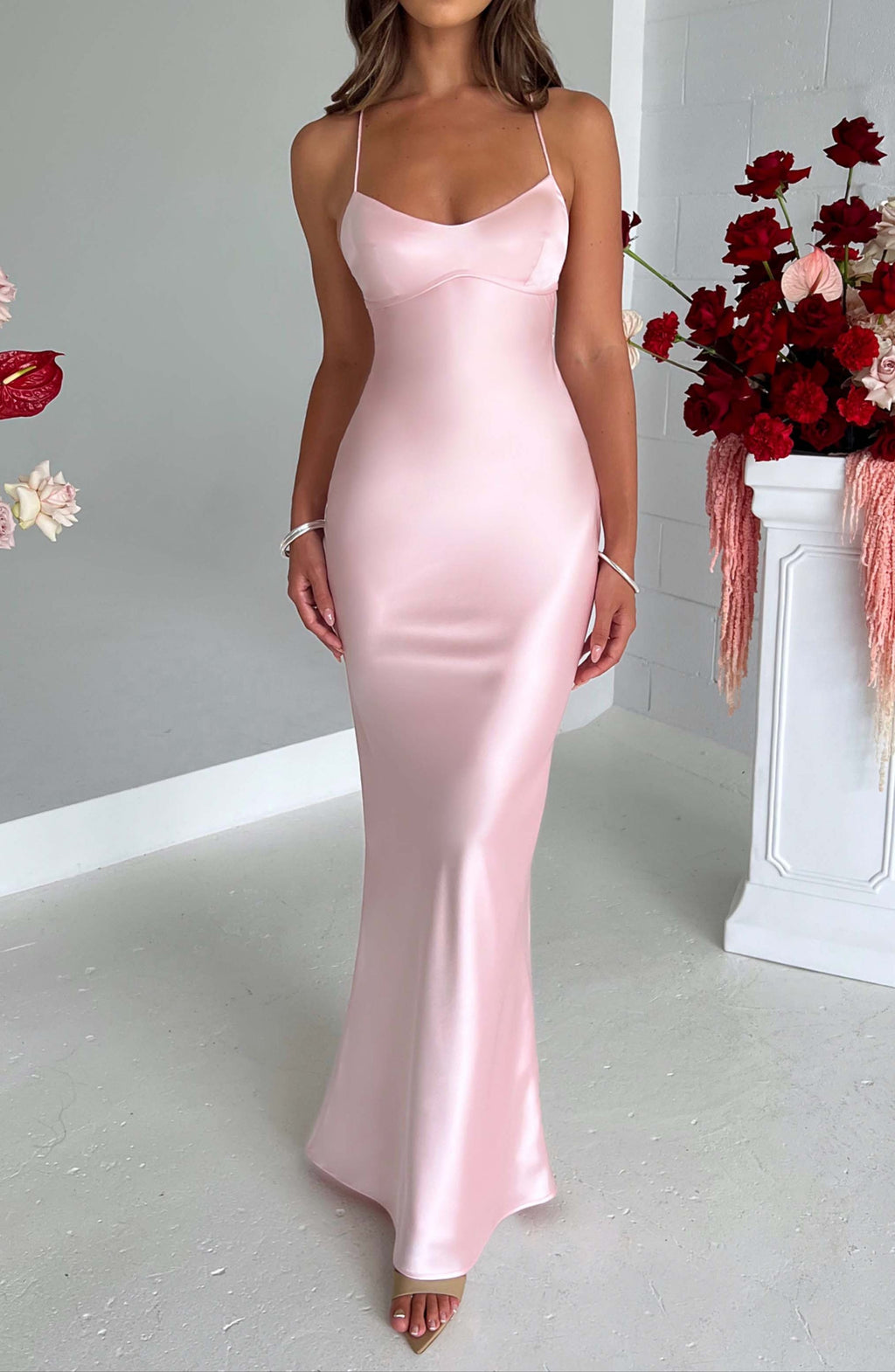 Women's Satin Bias Cut Maxi Dress With Sweetheart Neckline And Crossover Lace Up Open Back