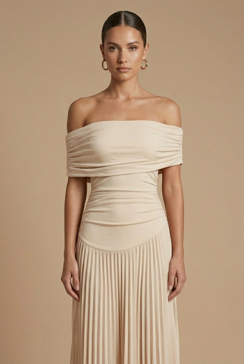 Women's Off Shoulder Pleated Maxi Dress For Wedding Guests In A Classic Long Gown Style