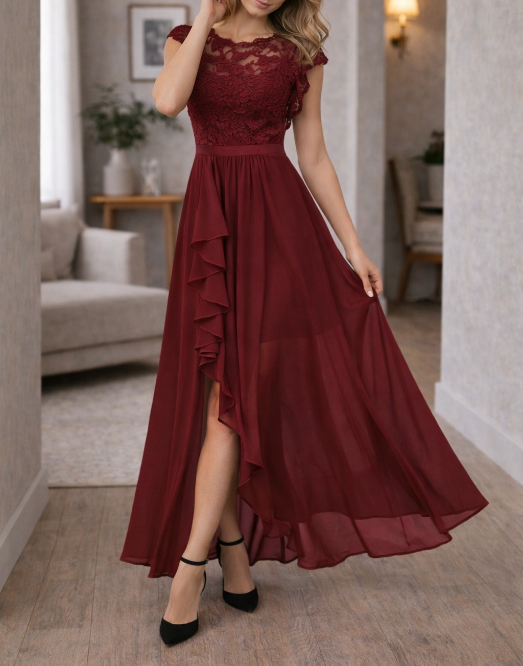 Classic Women's Lace Bodice Sleeveless A-Line Maxi Dress With Ruffle Hem For Formal Occasions
