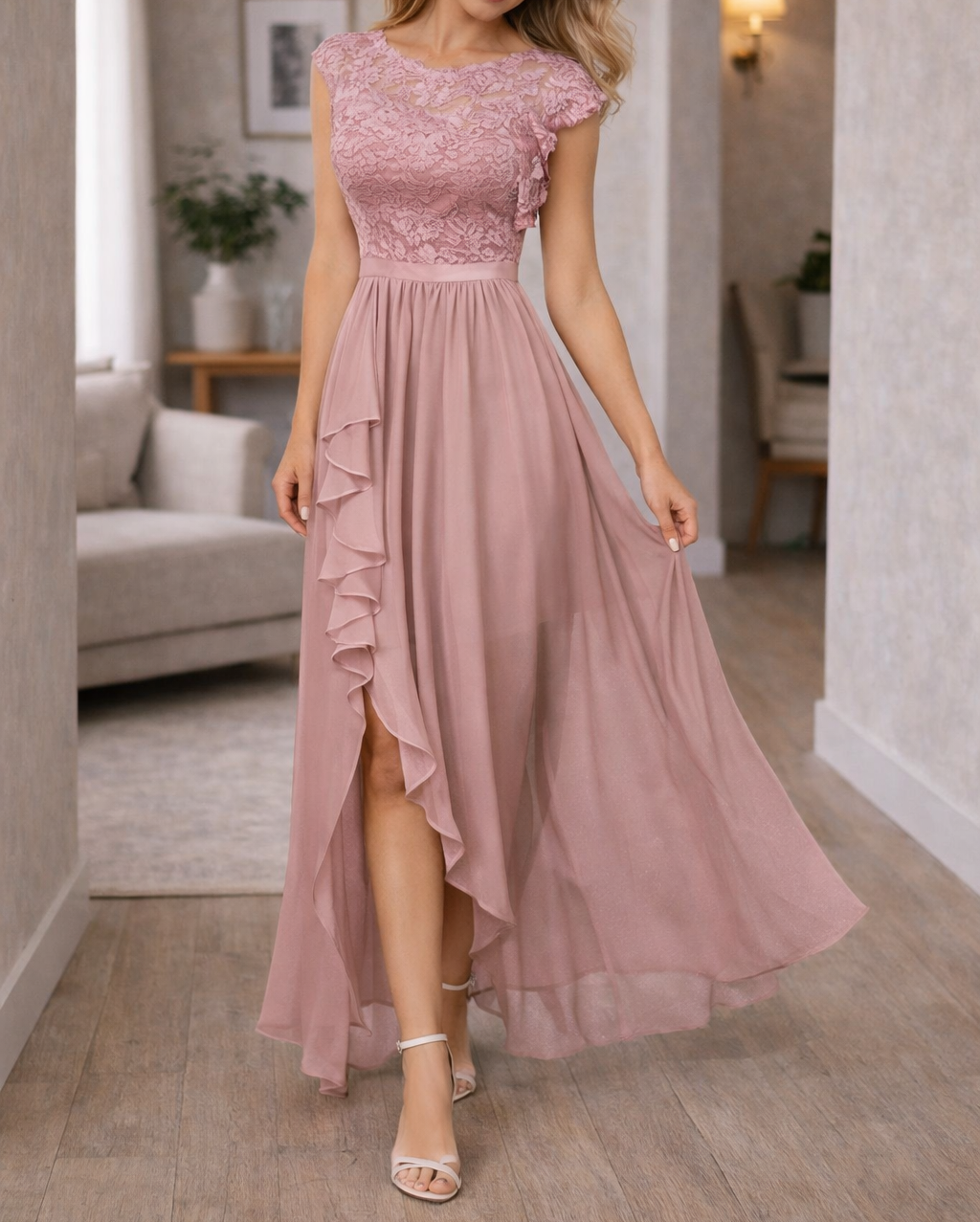 Classic Women's Lace Bodice Sleeveless A-Line Maxi Dress With Ruffle Hem For Formal Occasions