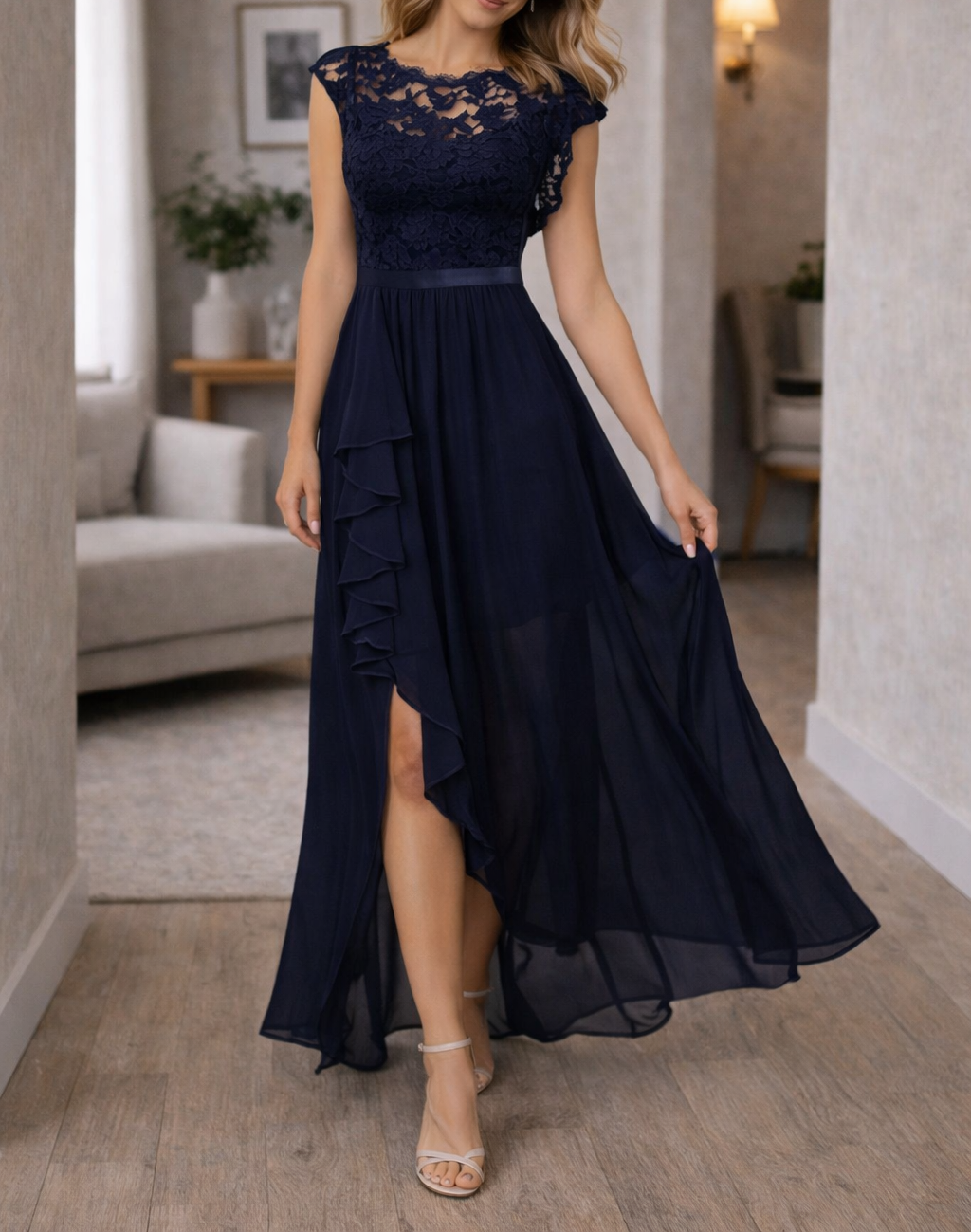 Classic Women's Lace Bodice Sleeveless A-Line Maxi Dress With Ruffle Hem For Formal Occasions