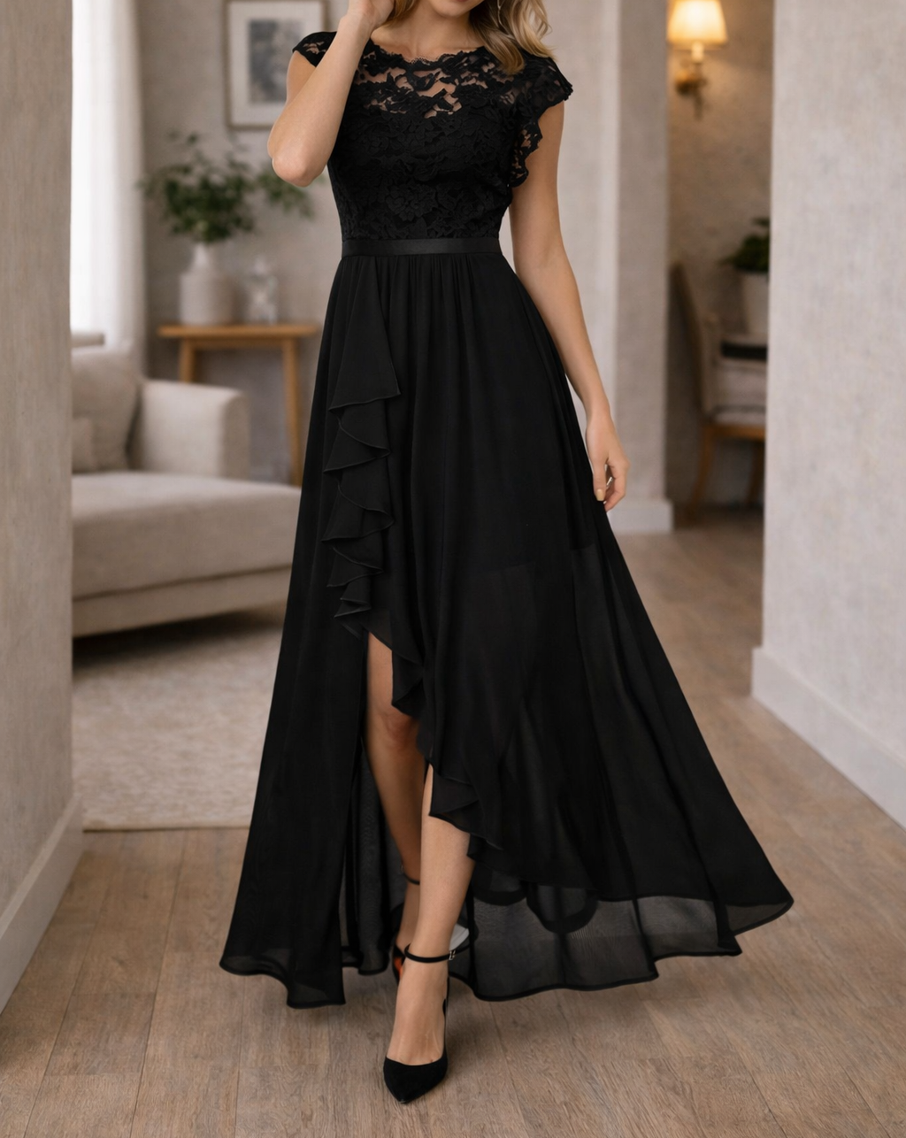 Classic Women's Lace Bodice Sleeveless A-Line Maxi Dress With Ruffle Hem For Formal Occasions