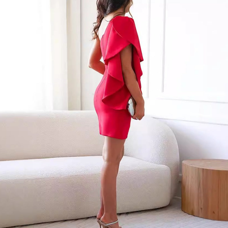 One Shoulder Bodycon Mini Dress With Tiered Ruffle Sleeve And Wrap Asymmetric Hem