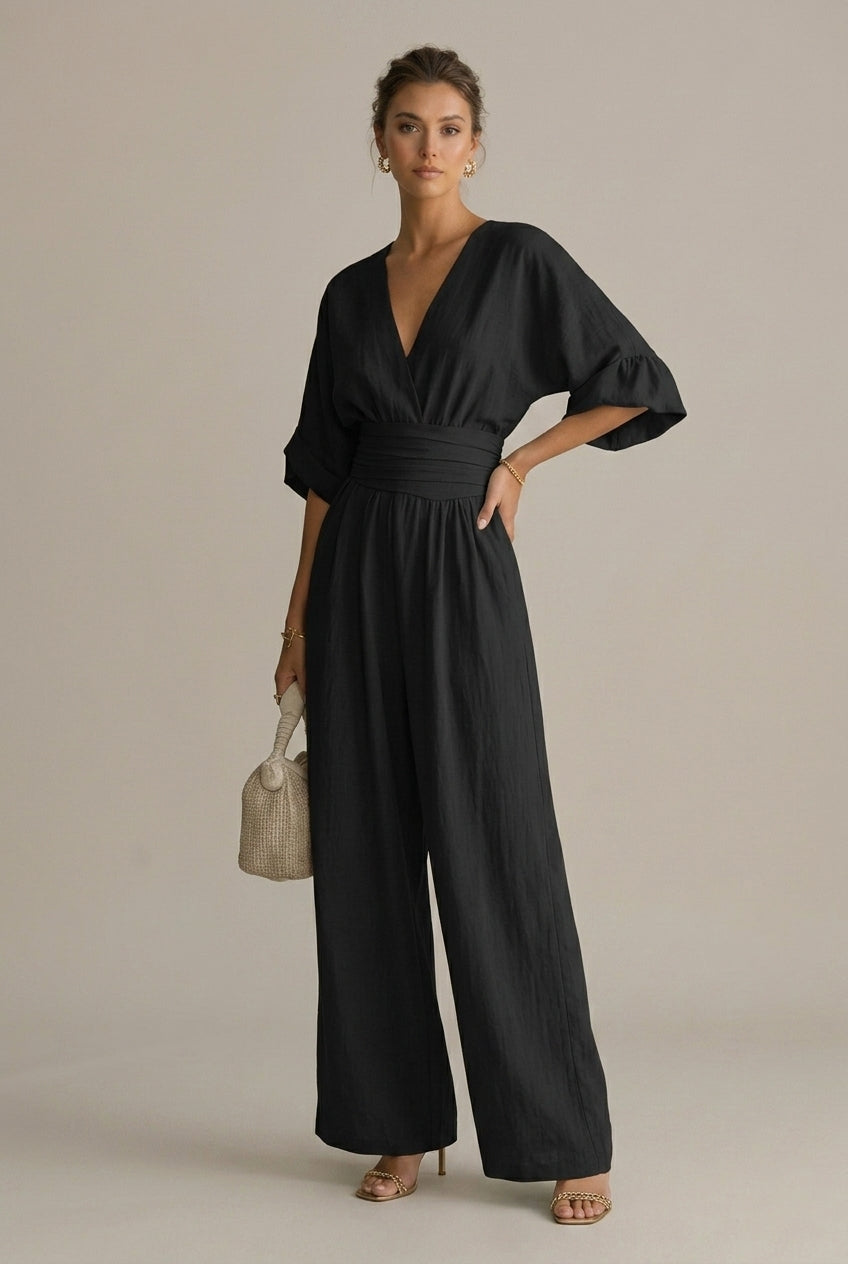 Women's Wrap Front V-Neck Jumpsuit With Wide Leg Trouser Style And Three Quarter Sleeve