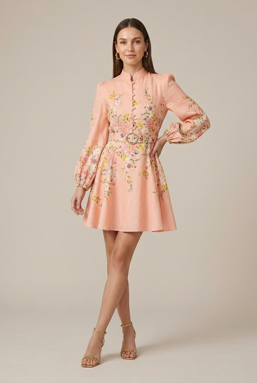 Women's Floral Printed Mini Dress With Elongated Puff Sleeves And Ruched Bodice Detail