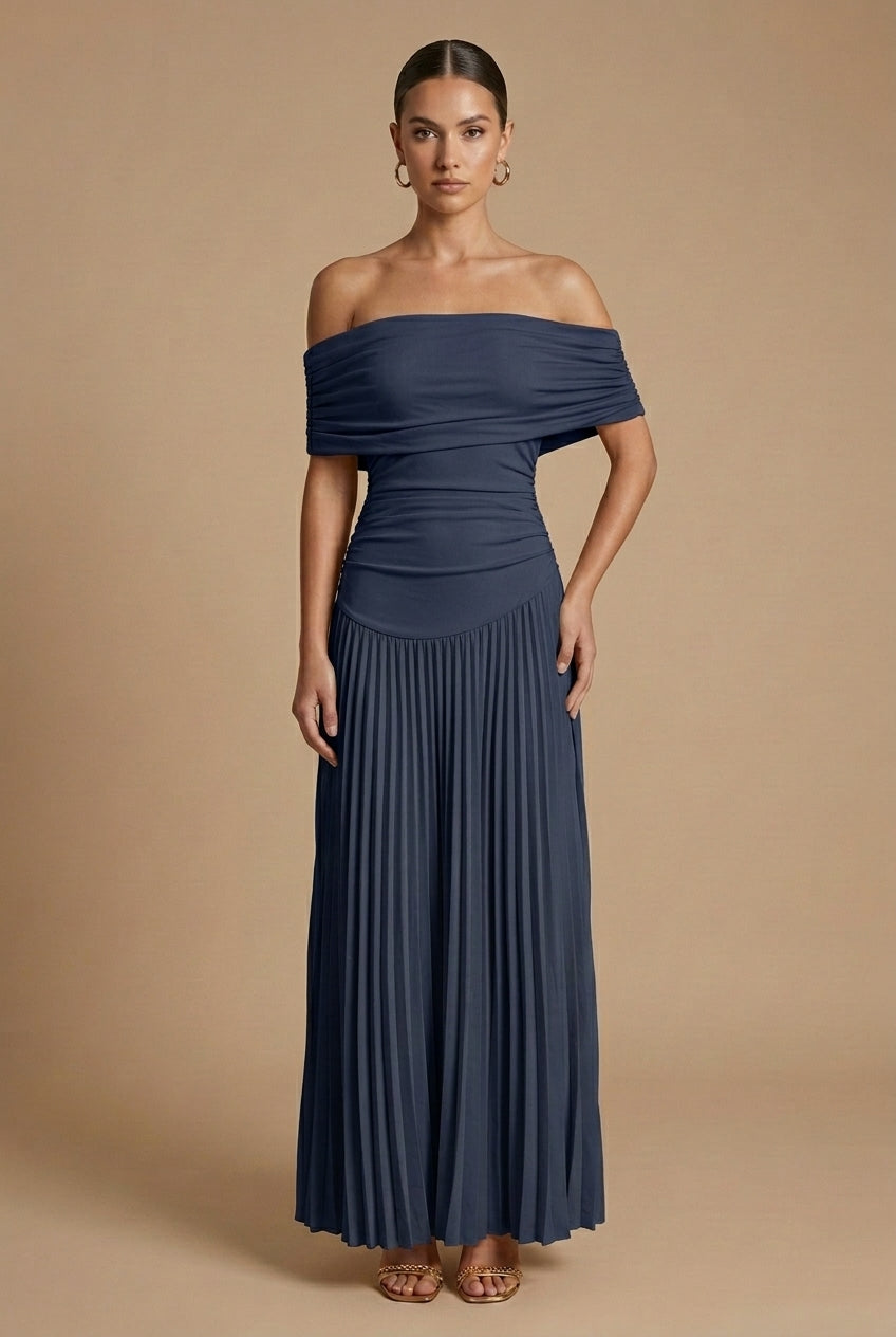 Women's Off Shoulder Pleated Maxi Dress For Wedding Guests In A Classic Long Gown Style
