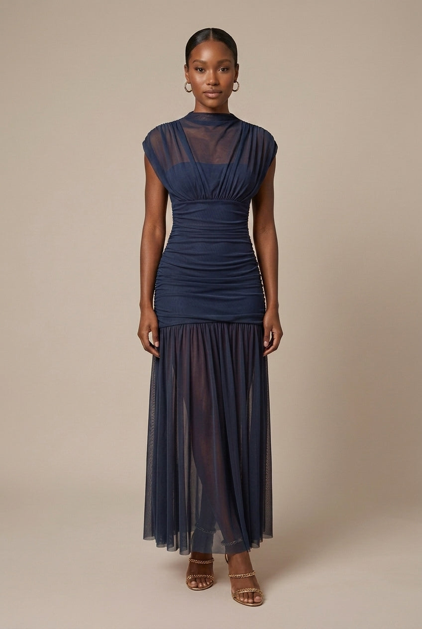 Women's Mesh Drop Waist Maxi Dress With Ruched Bodice And High Neckline In Elegant Silhouette