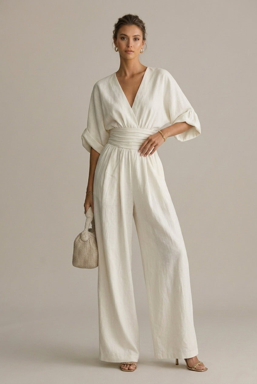 Women's Wrap Front V-Neck Jumpsuit With Wide Leg Trouser Style And Three Quarter Sleeve