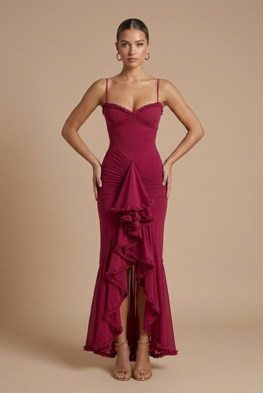 Timeless Classic Womens Ruched Spaghetti Strap Maxi Dress With Ruffle Trim Details