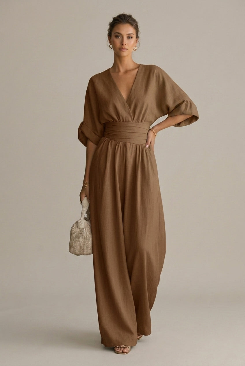 Women's Wrap Front V-Neck Jumpsuit With Wide Leg Trouser Style And Three Quarter Sleeve