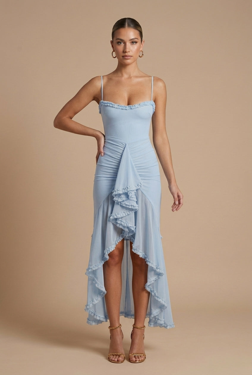 Timeless Classic Womens Ruched Spaghetti Strap Maxi Dress With Ruffle Trim Details