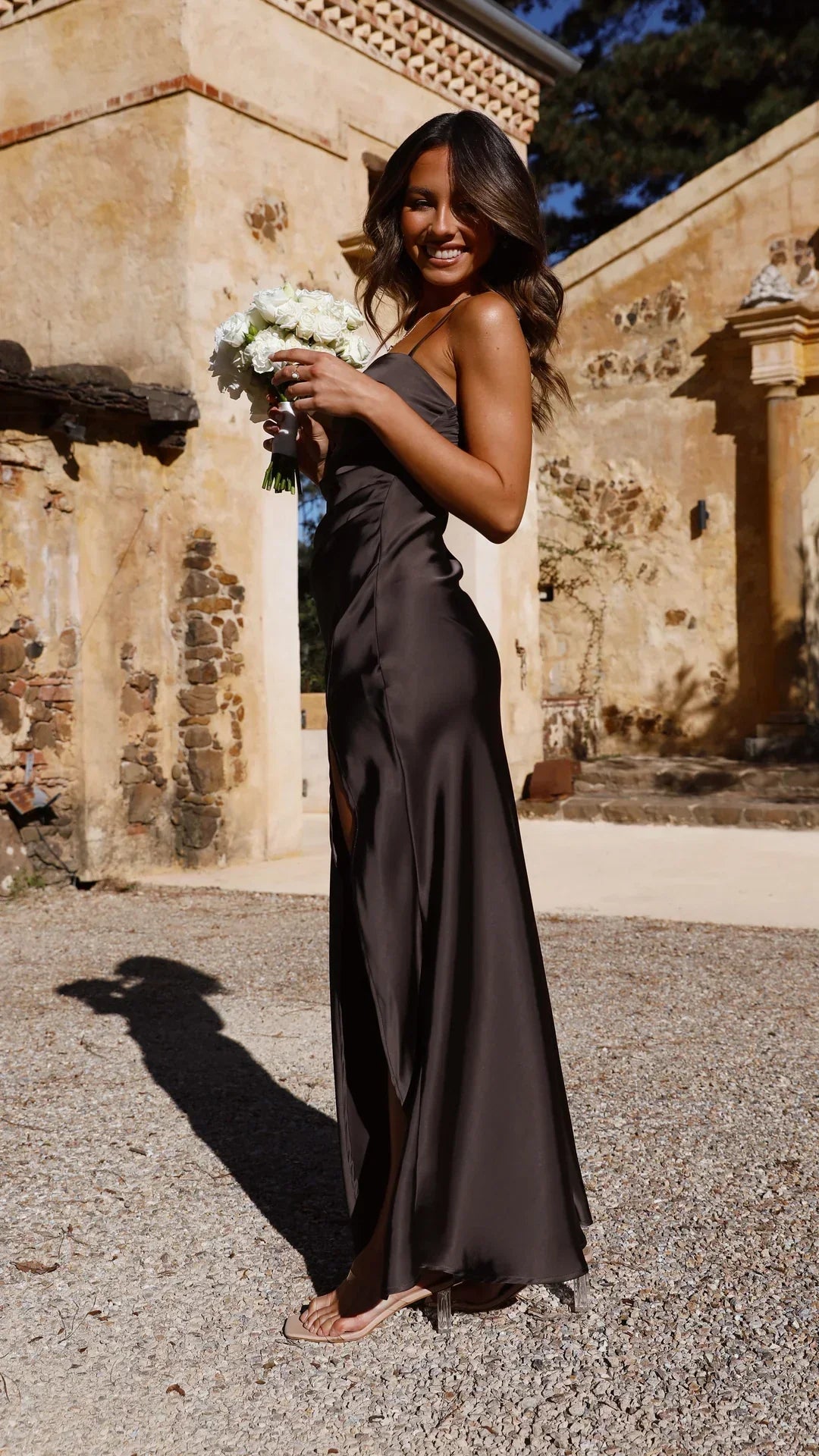 Women's Satin Maxi Dress With Square Neck, Thin Adjustable Straps, Ruched Side Bodice, Open Back, High Front Split